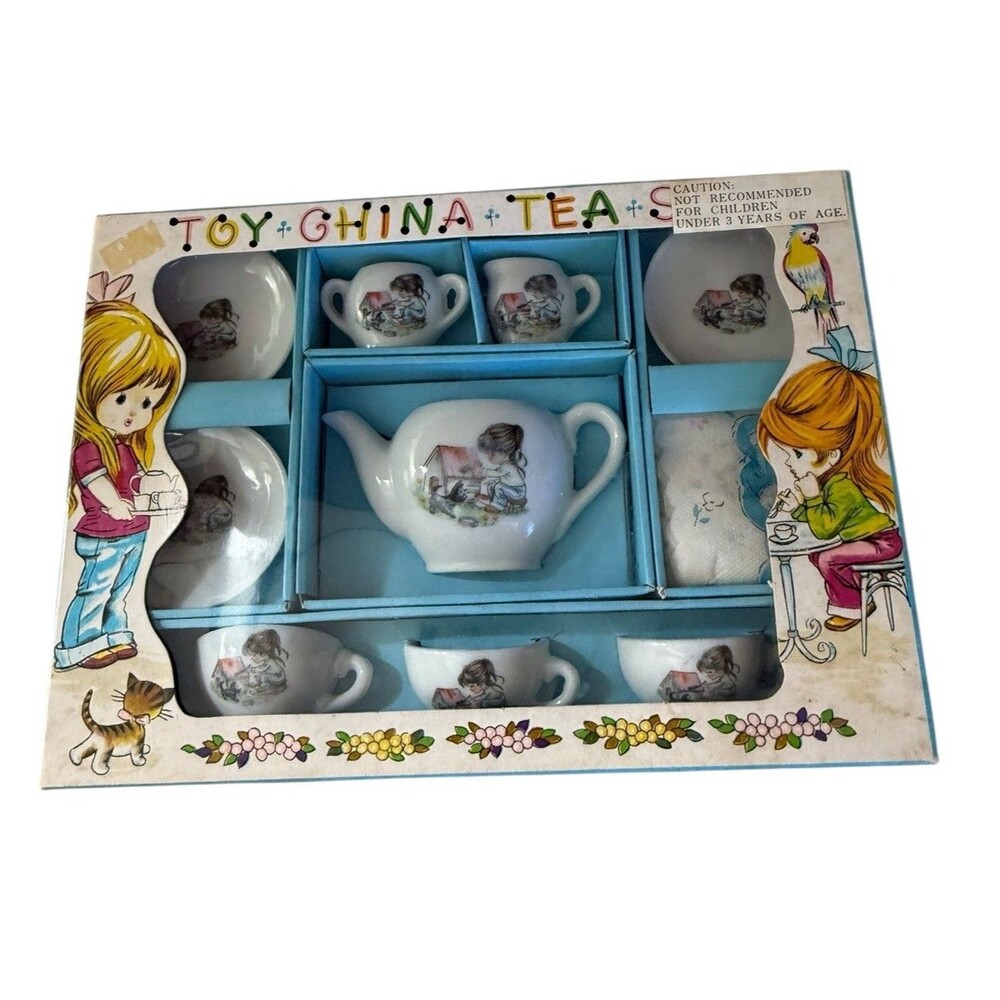 Vintage Toy‎ China Tea Set 12 piece 1960's Original Box Printed Paper Napkins